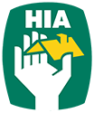 HIA logo featuring a hand holding a house roof.