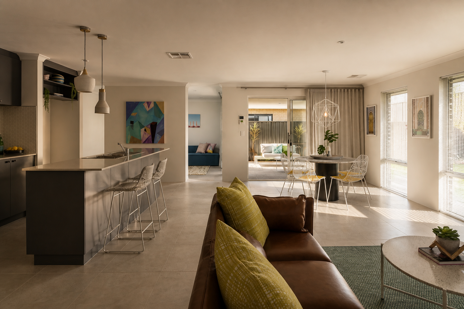 Modern open-plan living area with a kitchen island, dining table, and lounge.