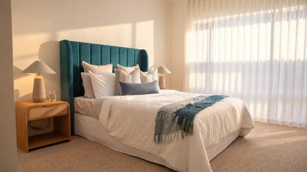 A bedroom with a teal velvet headboard, white bedding, and a blue throw blanket.