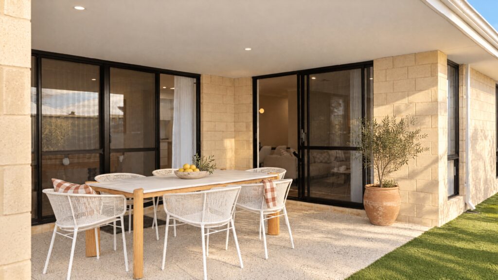 An alfresco dining area with a table and chairs, overlooking a modern home.