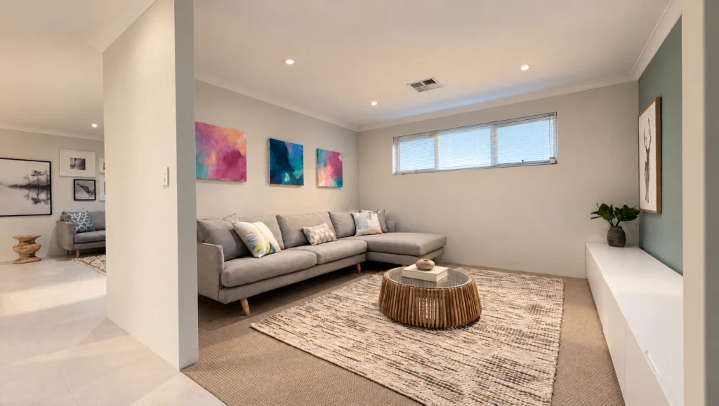 A modern living room with a grey sectional sofa, colourful abstract art, and a round coffee table.