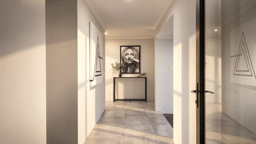 The Bunker Bay entry hall features a black and white portrait and abstract art.