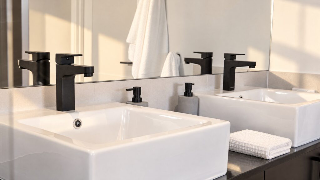 Modern black faucets above white rectangular sinks with grey soap dispensers and folded white towels.