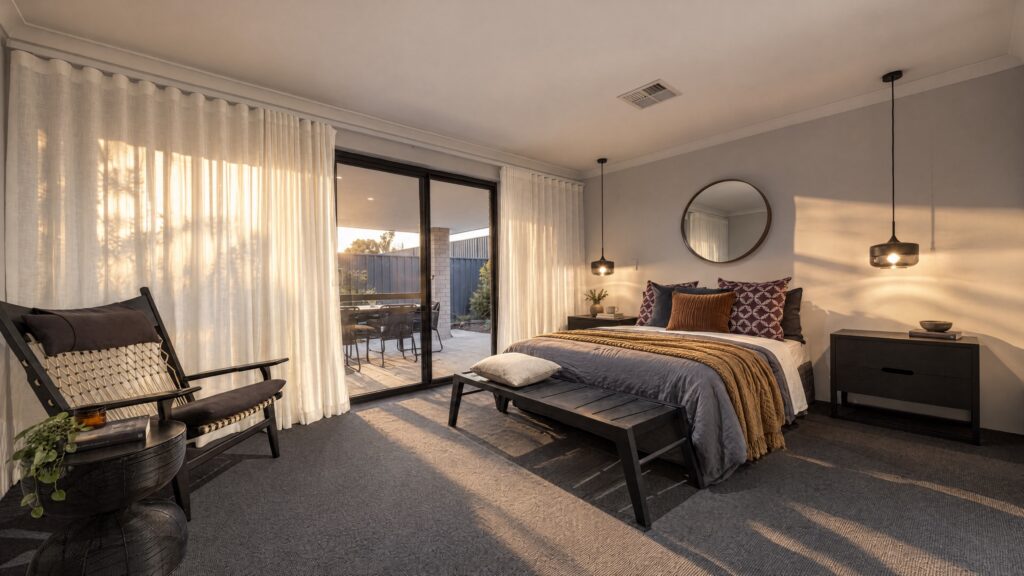 The Bunker Bay bedroom features a king-size bed, a comfortable armchair, and a sliding glass door leading to an outdoor