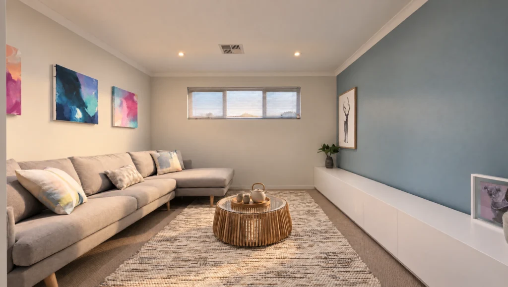 A modern living room with a sectional sofa, coffee table, and abstract art.