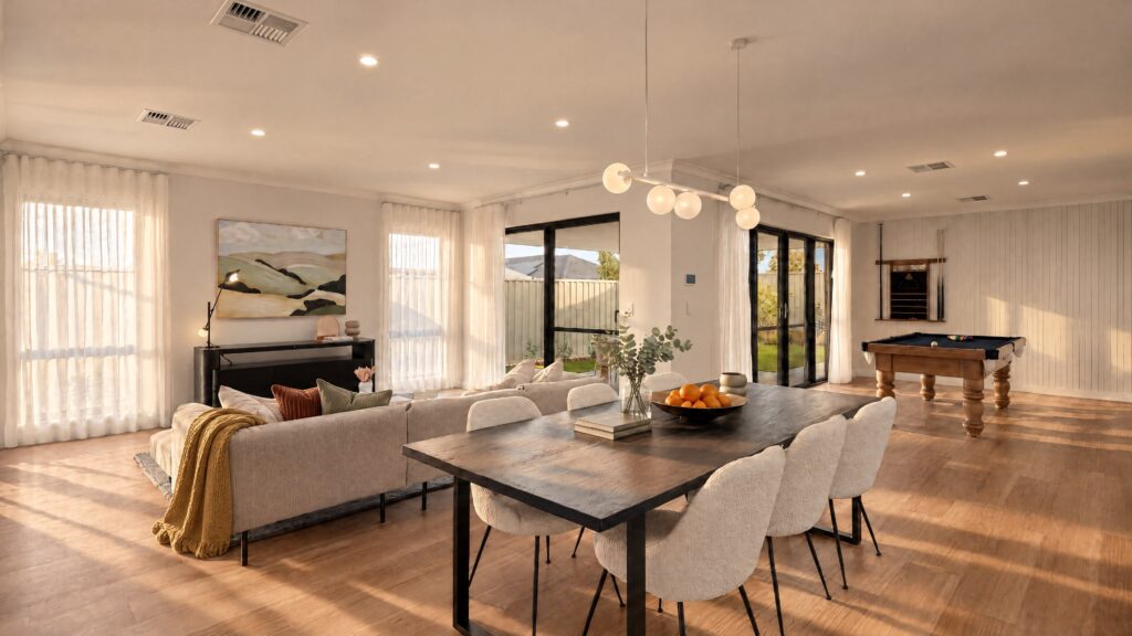 Open plan living and dining area with a pool table and modern furnishings.