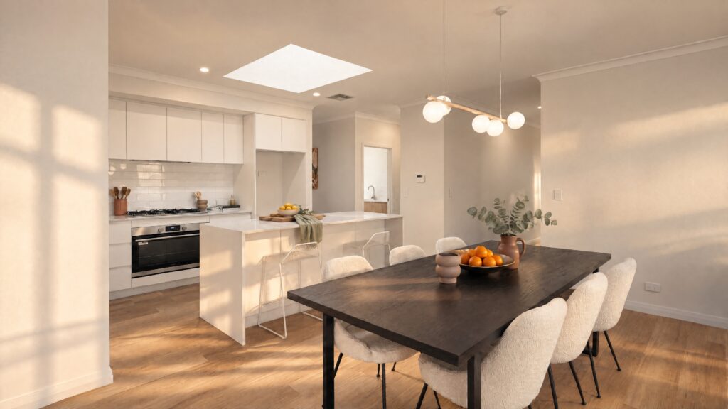 Modern kitchen and dining area with white cabinets, island, dark wood table, and plush chairs.