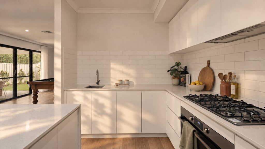 Modern white kitchen with a gas stovetop and subway tile backsplash, opening to a living area with a pool table.