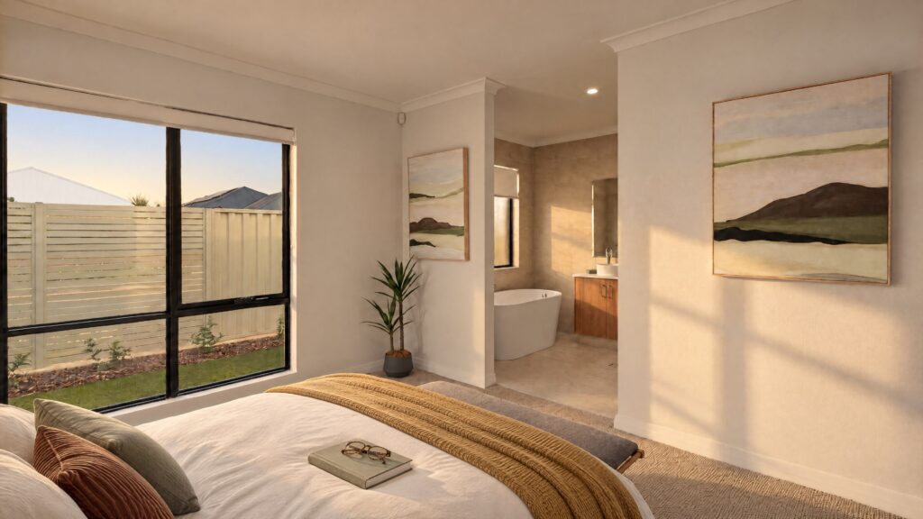 Modern bedroom with ensuite bathroom featuring a freestanding tub and vanity.