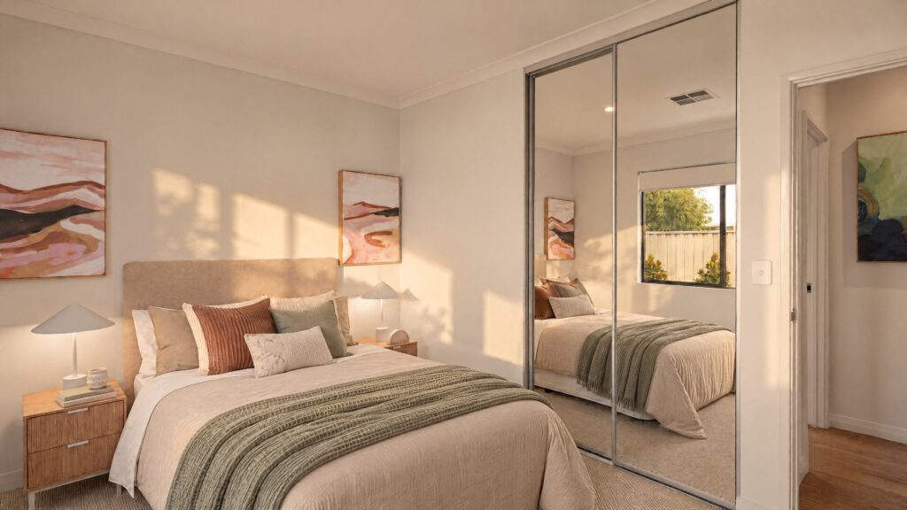 A bedroom with a queen-size bed, mirrored wardrobe, and abstract art.