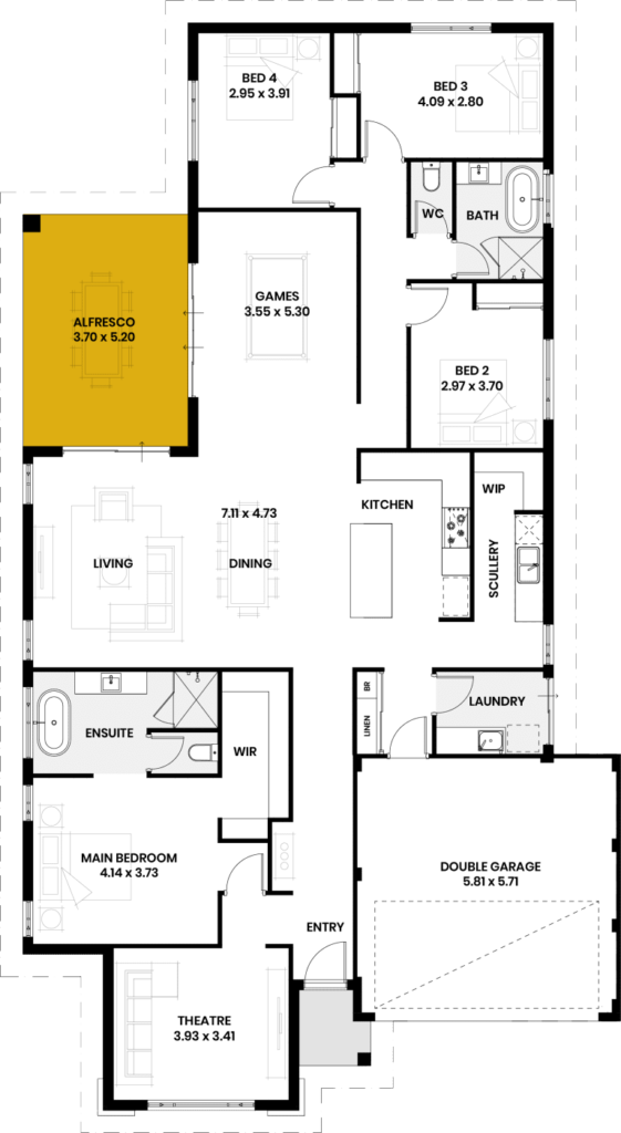 Floor plan of the Bungle Bungle house design, highlighting the alfresco area.