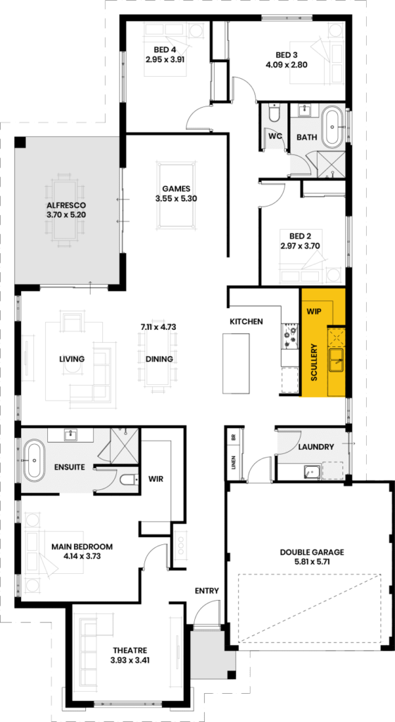 Floor plan highlighting the scullery and WIP area of the Bungle Bungle home design.