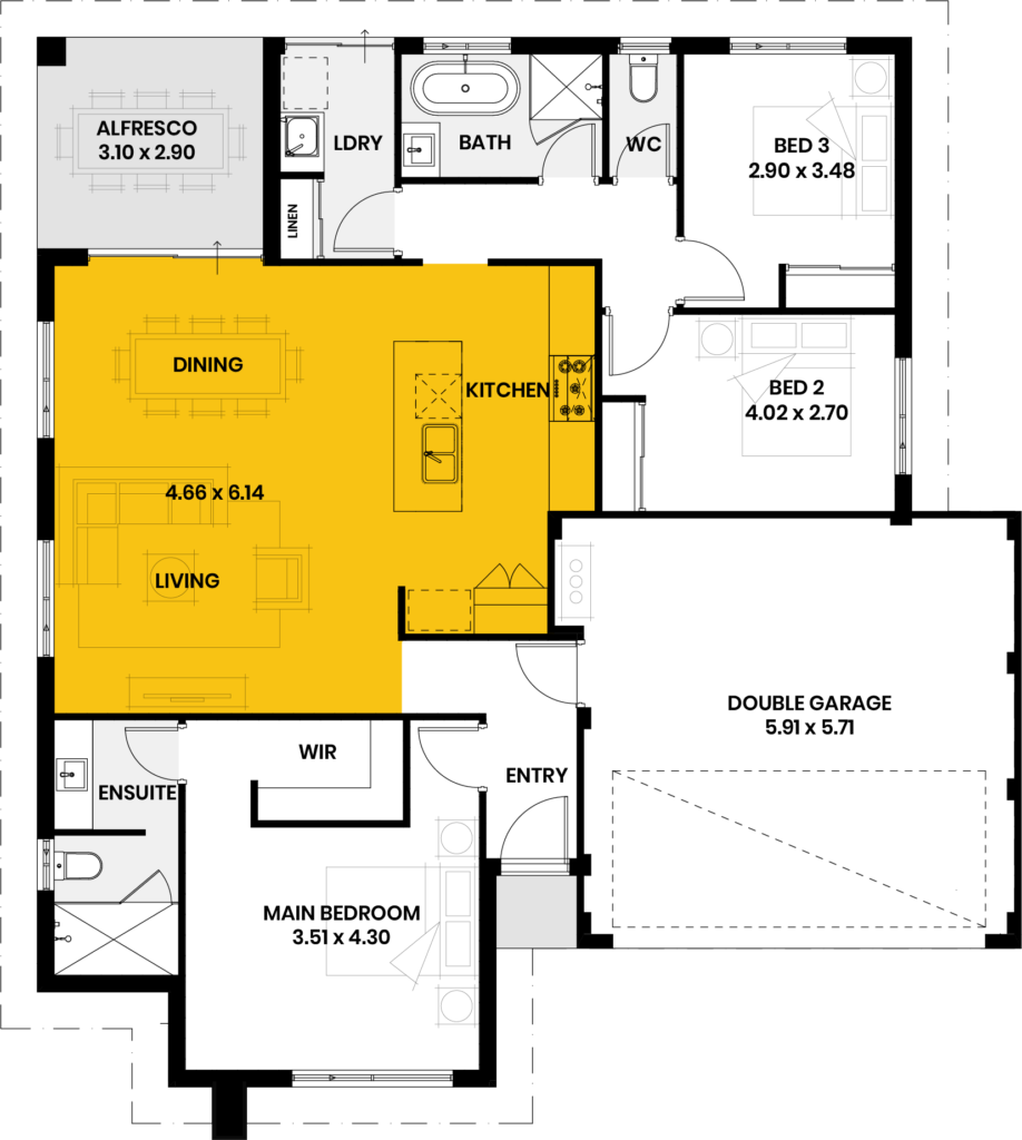 Open plan kitchen, living and dining