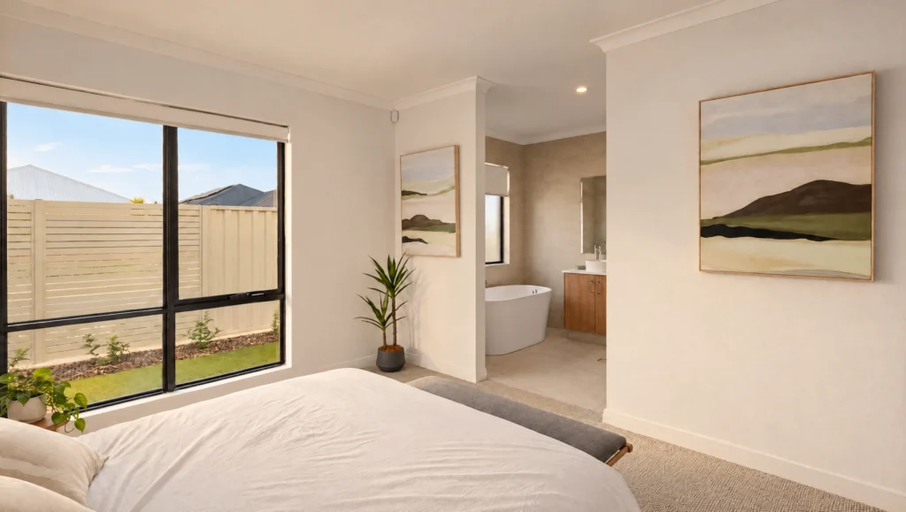 The Bungle Bungles bedroom features a large window overlooking a backyard and an ensuite bathroom with a freestanding tub.