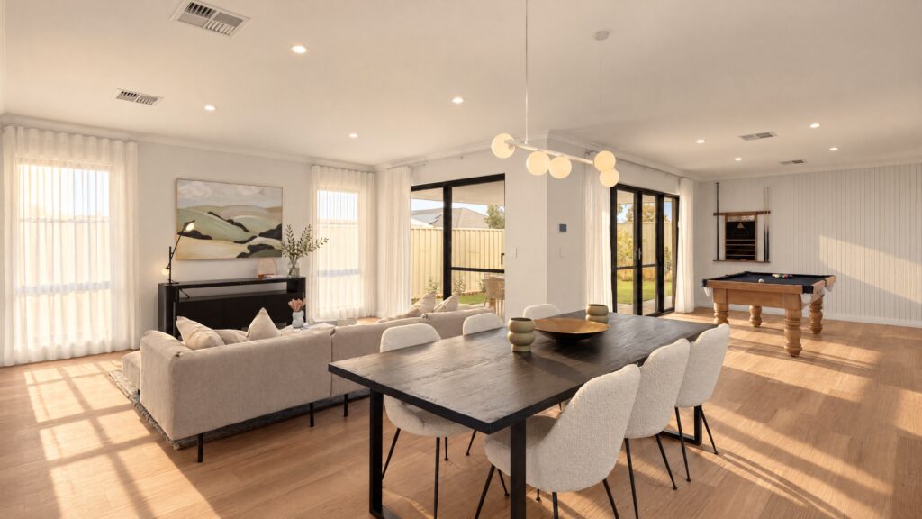 Open plan living and dining area with a pool table and modern furniture.