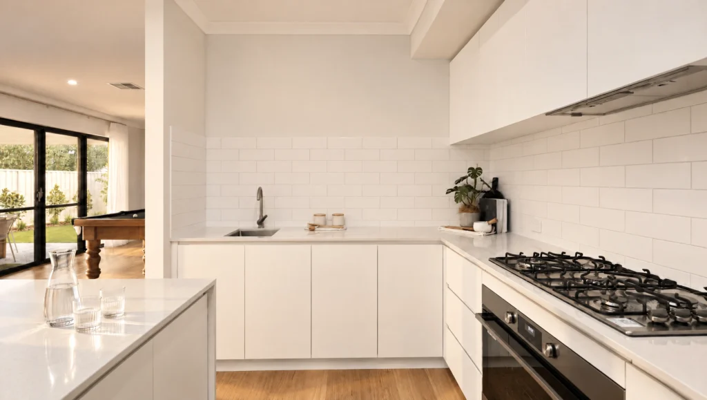 Modern white kitchen with a gas stovetop, sink, and view to a living area with a pool table.