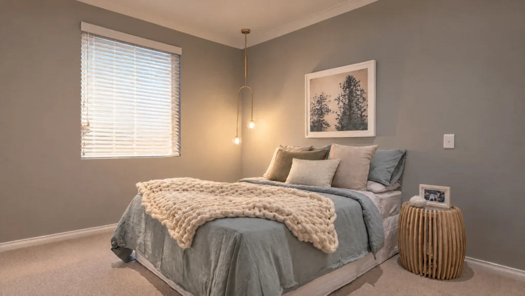 A bedroom with a queen-sized bed, a window with blinds, and a bedside table.