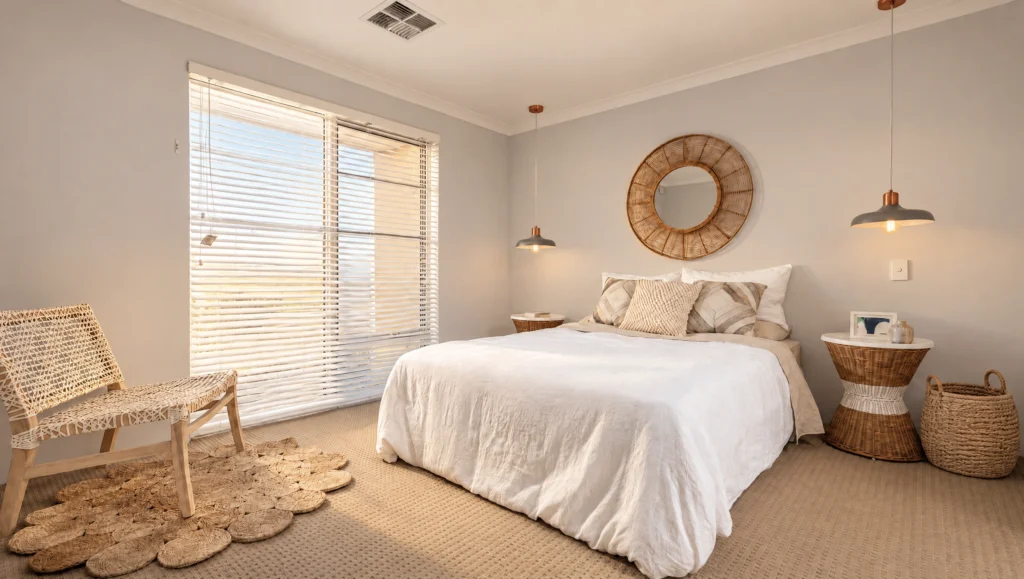 The Gibb River bedroom features a white-linen bed, woven chair, and round mirror.