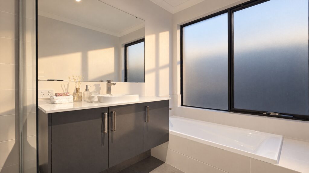 Modern bathroom with a dark grey vanity, white basin, large mirror, and a bathtub next to frosted windows.