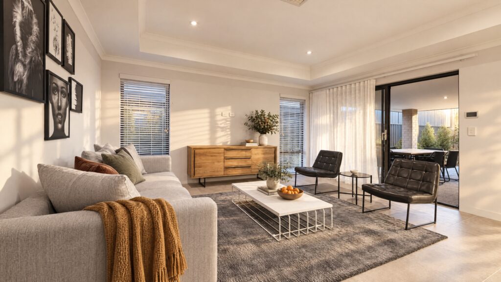 The Karijini living room features a grey sectional sofa, black leather chairs, a wooden sideboard, and a white coffee table.