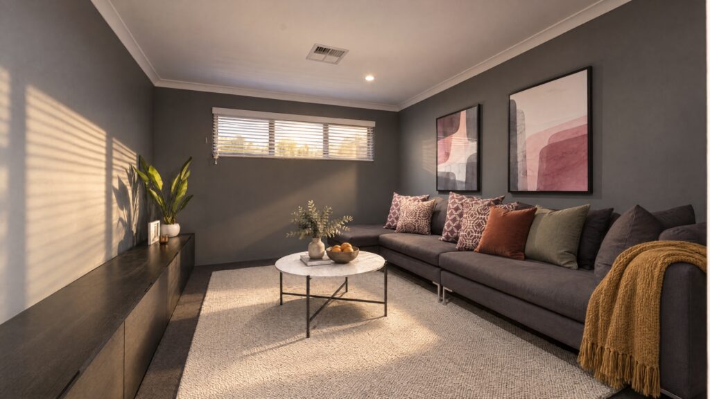 A modern living room with a sectional sofa, coffee table, and entertainment unit, featuring abstract art and warm lighting.