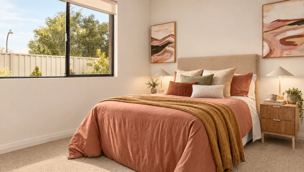 The Knox Gorge bedroom features a queen-size bed with terracotta bedding and a mustard throw.