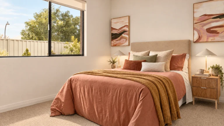 The Knox Gorge bedroom features a queen-size bed with terracotta bedding and a mustard throw.