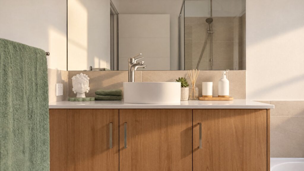 Modern bathroom vanity with a white vessel sink, chrome faucet, and wooden cabinets.