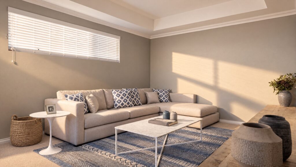 A modern sectional sofa with patterned throw pillows in a sunlit living room.