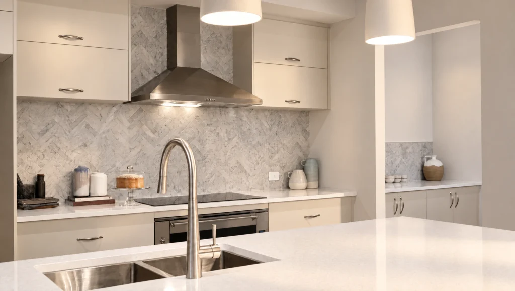 Modern kitchen with stainless steel appliances, light cabinetry, and a herringbone tile backsplash.