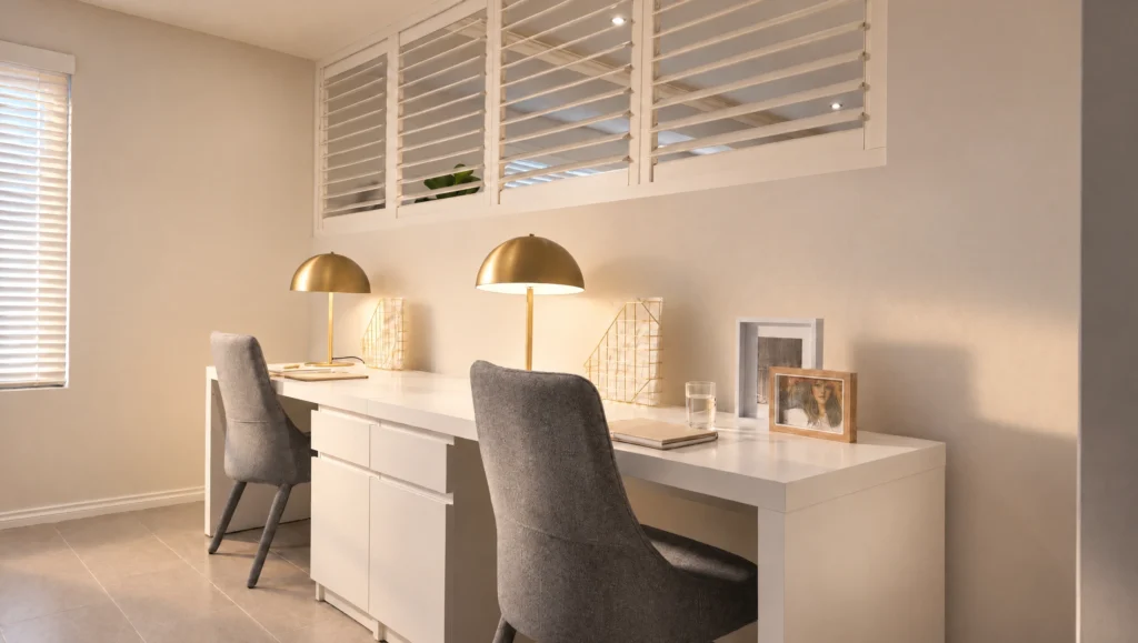 Two desks with gold lamps and grey chairs create a study space.