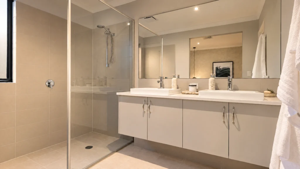 Modern double vanity bathroom with walk-in shower and large mirror.
