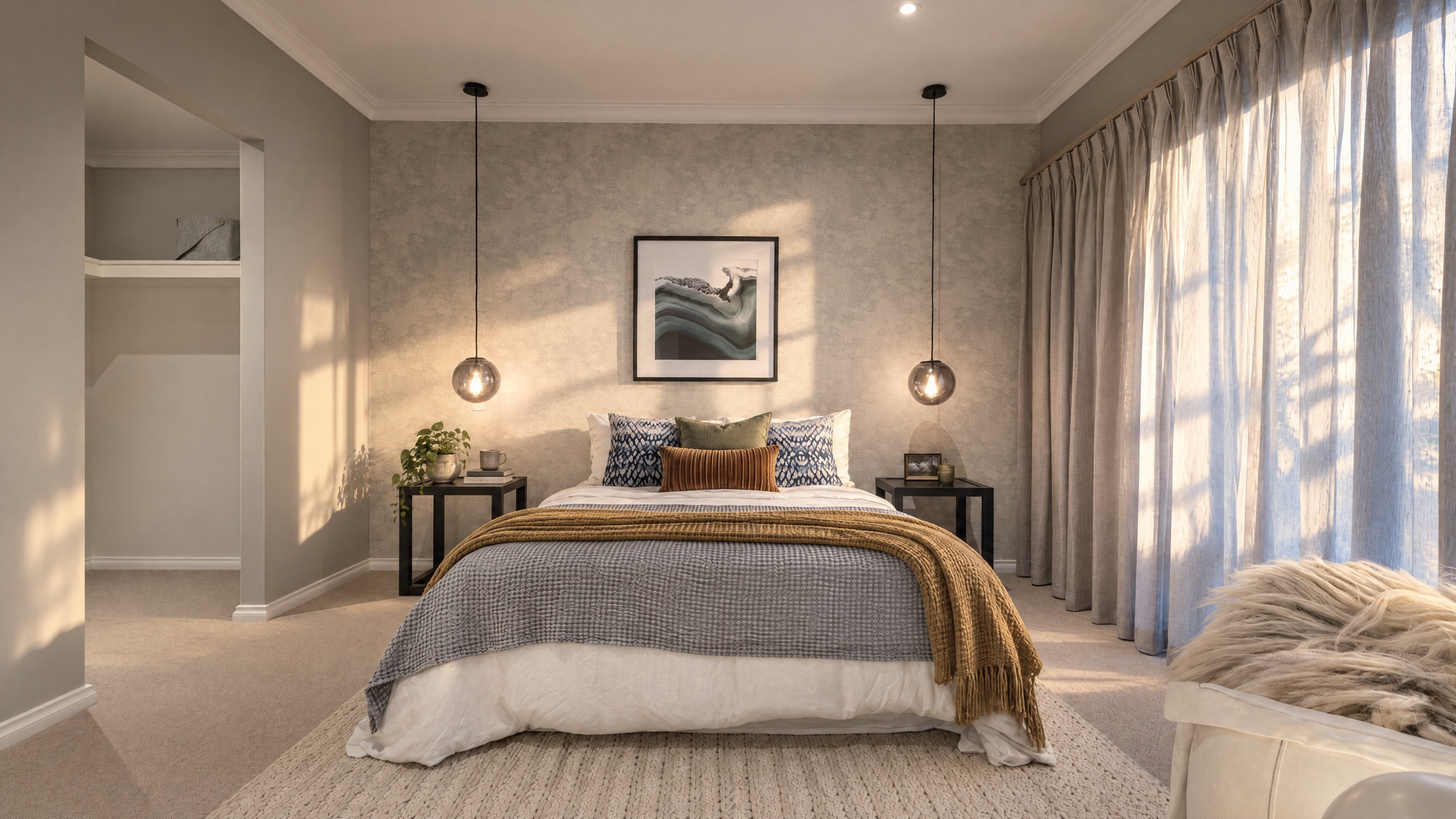 The Lucky Bay bedroom features a king-size bed with plush bedding, bedside tables, and pendant lights.