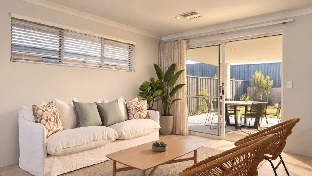 The Massey Bay living room features a white sofa, coffee table, and wicker chairs opening to an outdoor patio with a dining