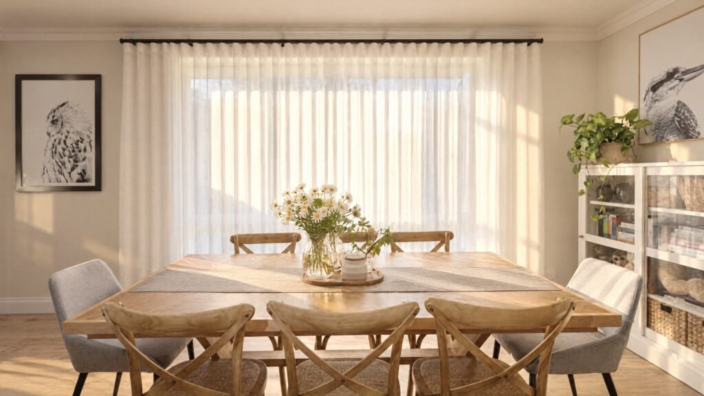 A light-filled dining room with a wooden table set with a vase of daisies and chairs.