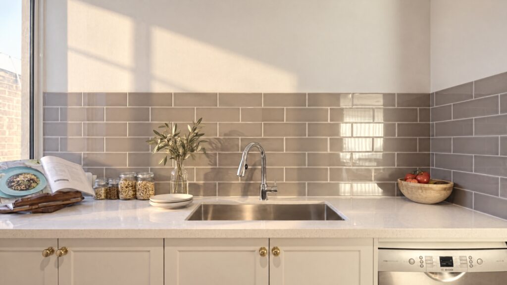 A modern kitchen with a stainless steel sink, grey subway tile backsplash, and white countertops.