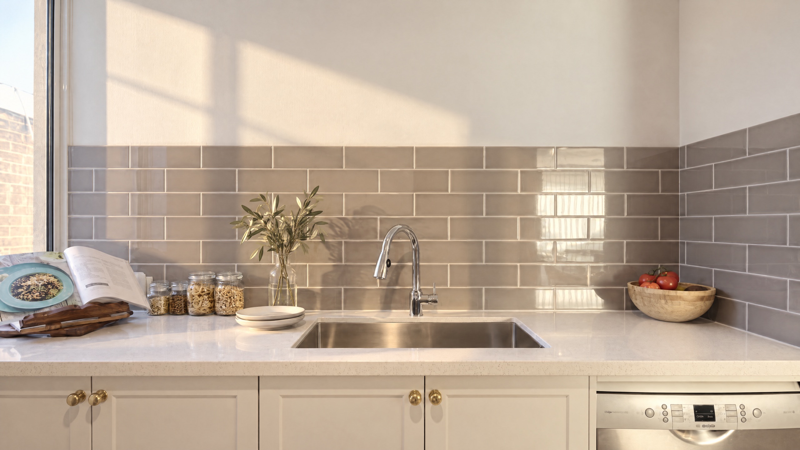 A modern kitchen with a stainless steel sink, grey subway tile backsplash, and white countertops.