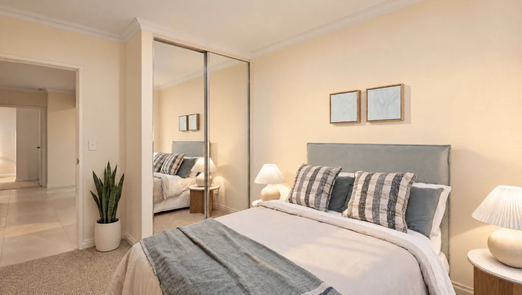 A bedroom with a bed, mirrored wardrobe, and a doorway leading to a hallway.