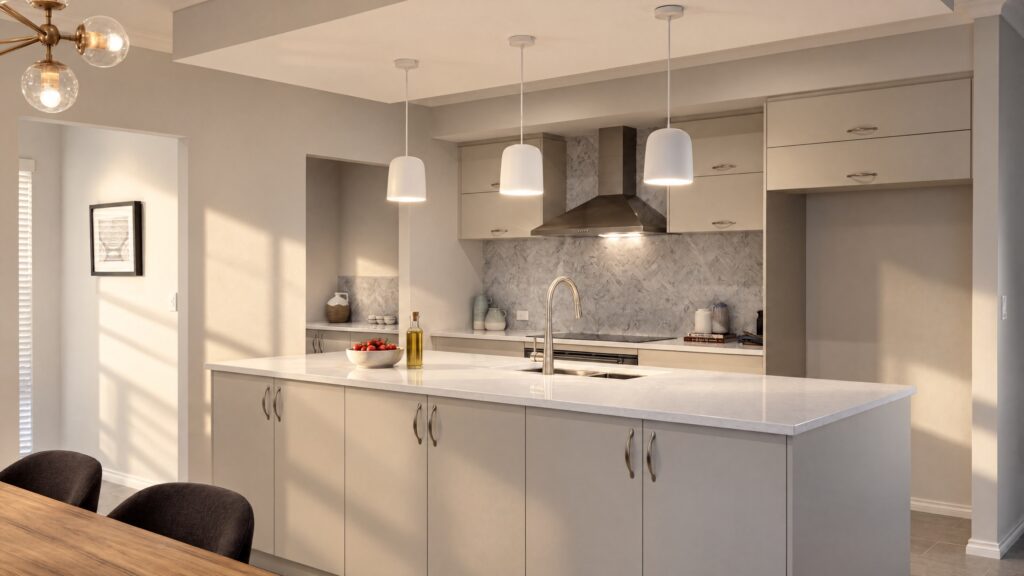 Modern kitchen with a large island, pendant lights, and stainless steel appliances.