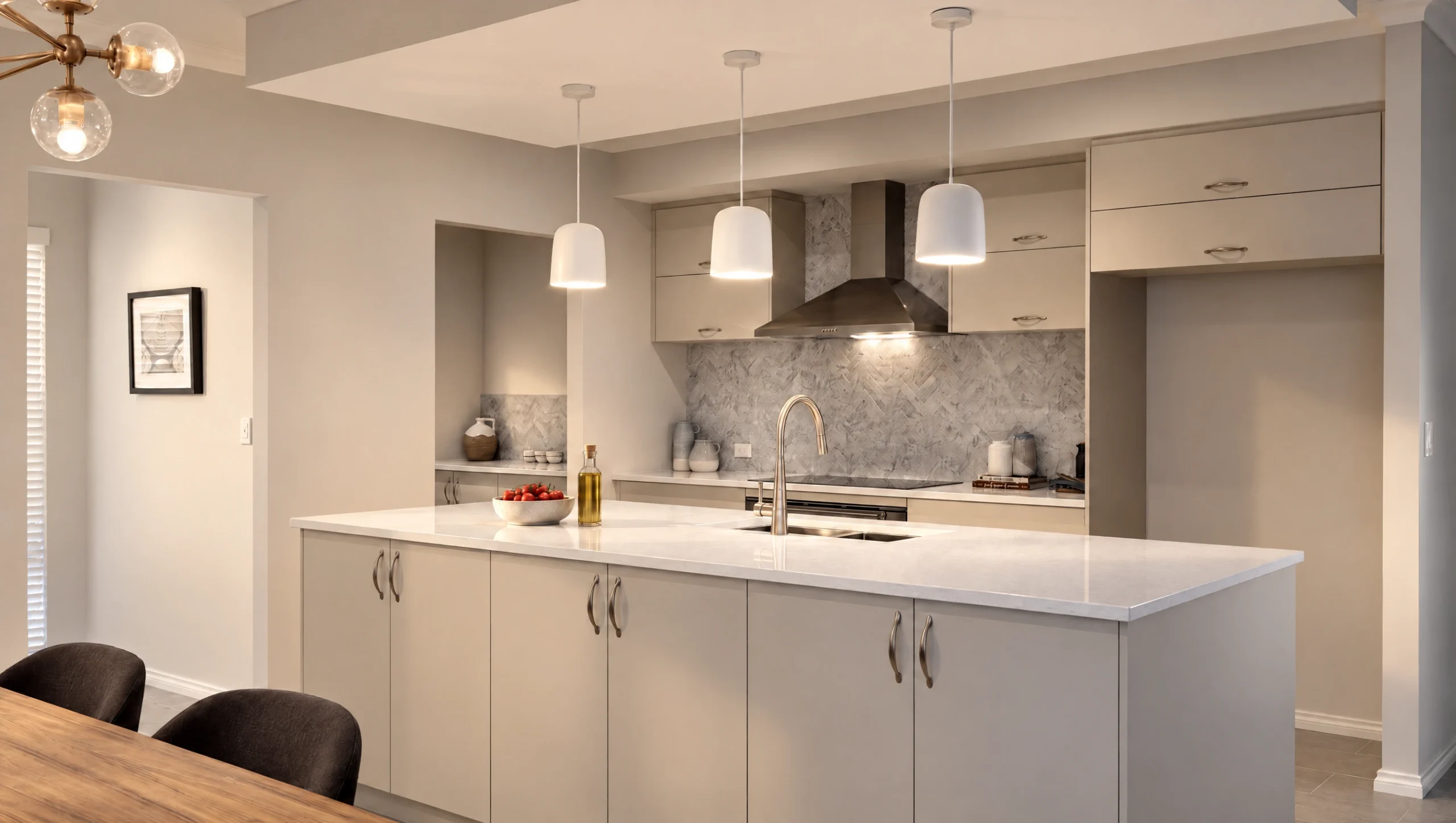 Modern kitchen with a large island, sleek cabinetry, and stainless steel appliances.