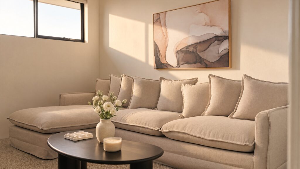 A large, neutral-toned sectional sofa with plush cushions is arranged in a sunlit living room.