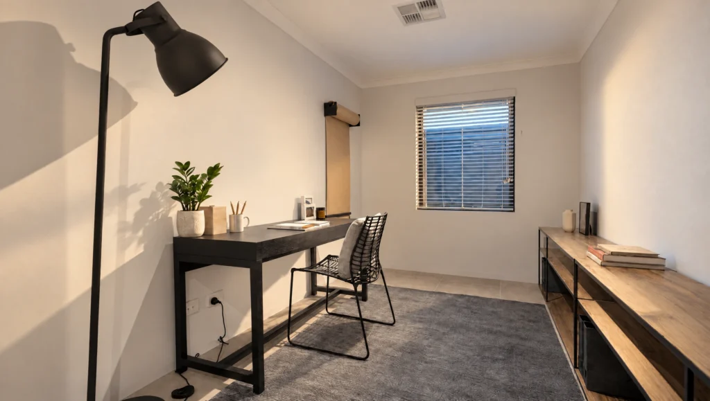 A modern study with a black desk, chair, and floor lamp, next to a window and a wooden console.