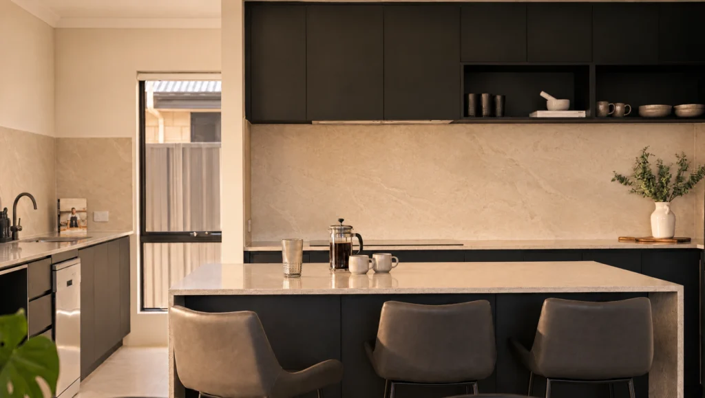 Modern dark grey and white kitchen with island and bar stools.