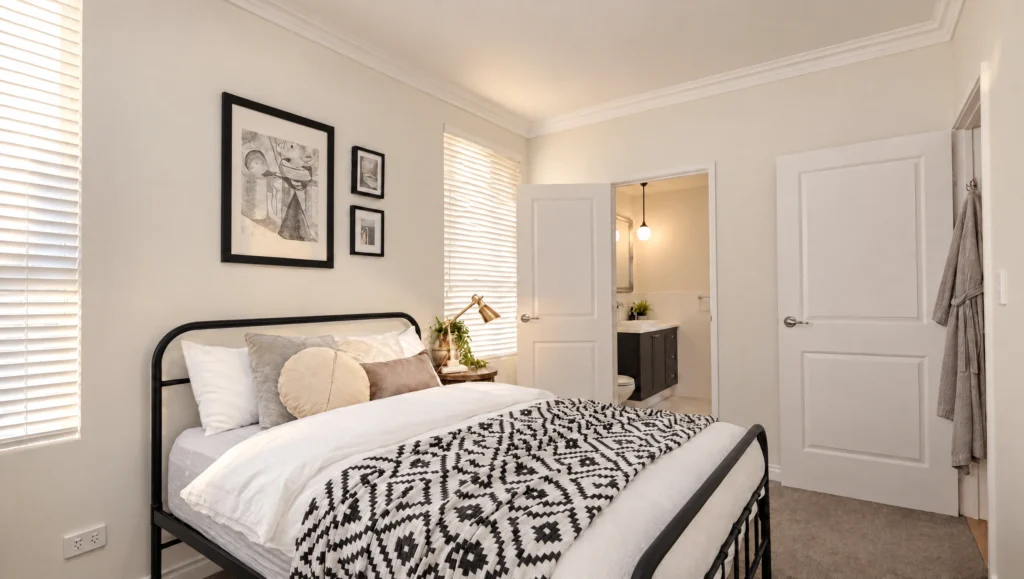The Ningaloo bedroom features a black metal bed with patterned bedding and an ensuite bathroom visible through an open door.