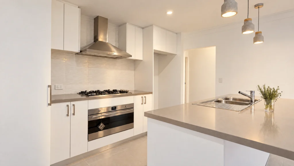 Modern white kitchen with stainless steel appliances, gas stovetop, and island sink.