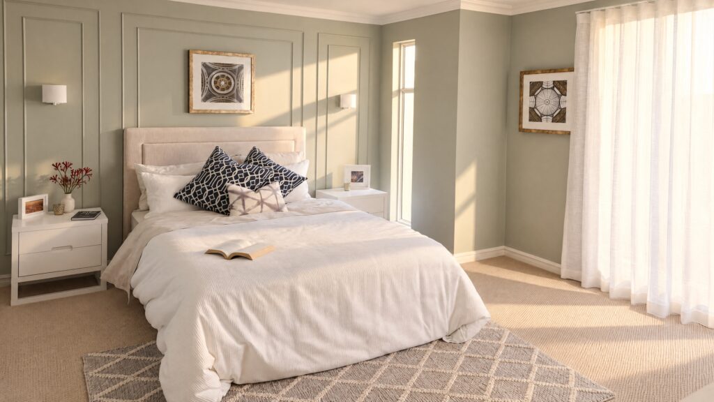A sunlit bedroom with a queen-sized bed, featuring a beige headboard and white bedding.