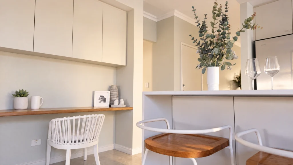 A modern study nook with a white chair, wooden desk, and built-in cabinets.