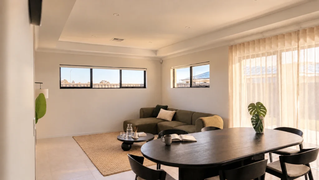Modern living and dining area with a sectional sofa, oval dining table, and large windows.