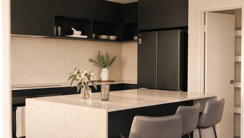 Modern kitchen island with light stone countertop and grey stools, dark cabinets, and a stainless steel refrigerator.