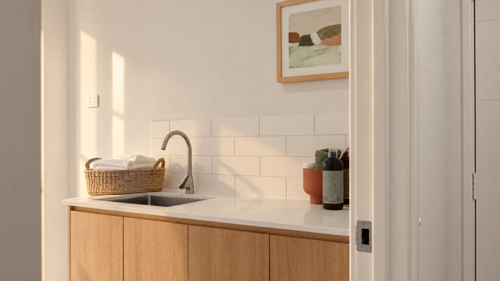 A modern laundry room with a white subway tile backsplash, wooden cabinets, and a stainless steel sink.